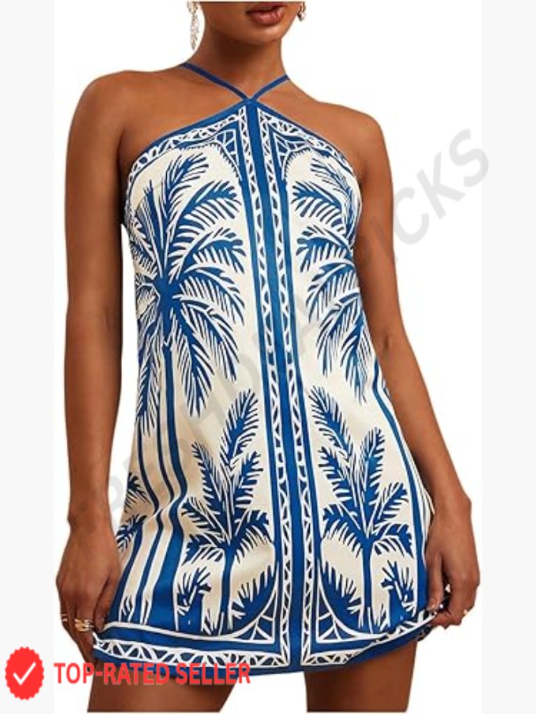 Cute Boho Halter Mini Dress Backless Tropical Vacation Outfit Sleeveless